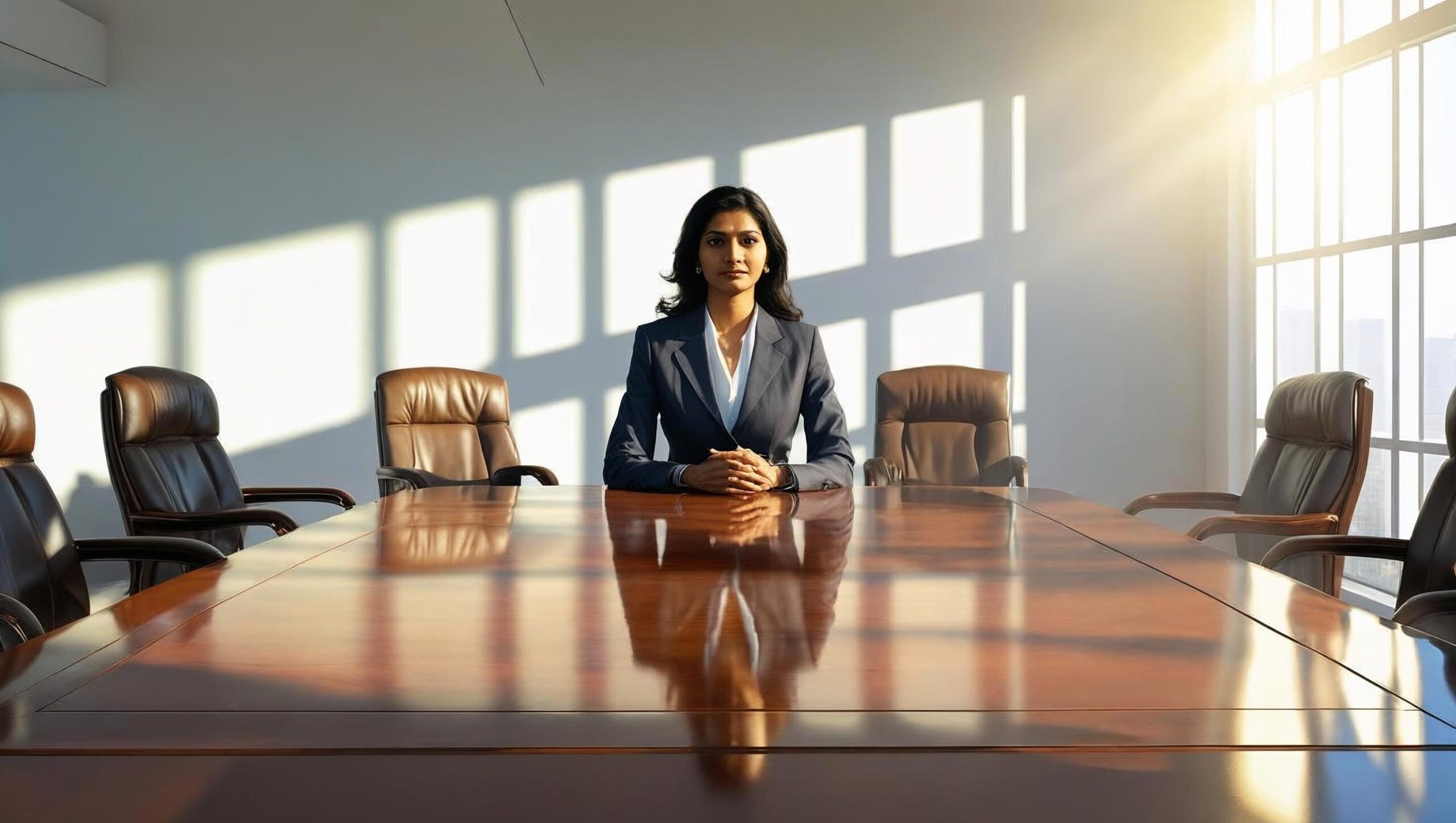 A single woman sitting confidently at a large conference table, surrounded by empty chairs or shadowy, indistinct figures — subtly highlighting her solitude and strength. 